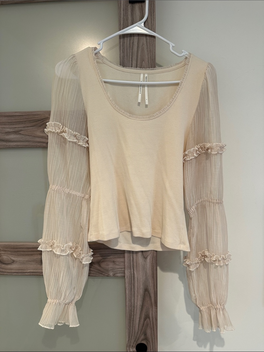 Women’s Cream Anthropologie Top with Sheer Ruffle Sleeves